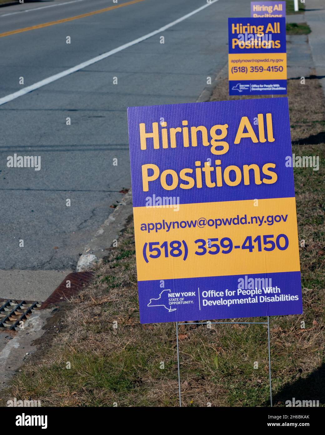 Schilder, die das Büro des Bundesstaates New York für Menschen mit Entwicklungsbehinderungen ankündigen, stellen alle Positionen ein Stockfoto