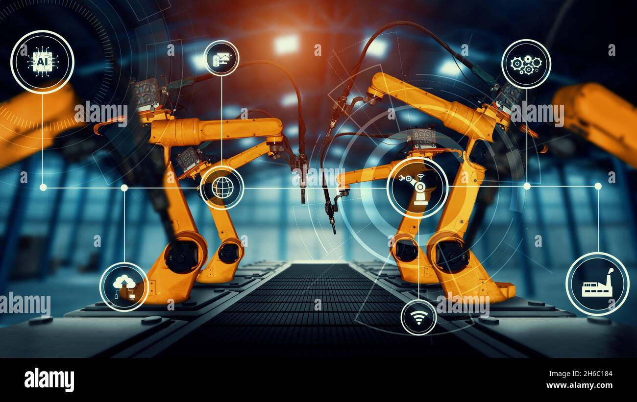 Mechanisierte Industrie Roboterarm für die Montage in Fabrik Produktionslinie . Konzept der künstlichen Intelligenz für industrielle Revolution und Automatisierung Stockfoto