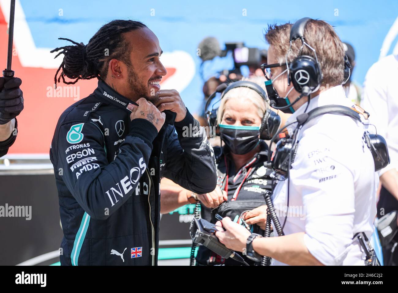 Sao Paulo, Brasilien, 14/11/2021, HAMILTON Lewis (gbr), Mercedes AMG F1 GP W12 E Performance, BONNINGTON Peter, Mercedes AMG F1 GP W12 E Performance Engineer, Portrait während des Formel 1 Heineken Grande Premio De Sao Paulo 2021, Sao Paulo Grand Prix, 19. Lauf der FIA Formel-1-Weltmeisterschaft 2021 vom 12. Bis 14. November 2021 auf dem Interlagos Circuit in Sao Paulo, Brasilien - Foto: Antonin Vincent/DPPI/LiveMedia Stockfoto
