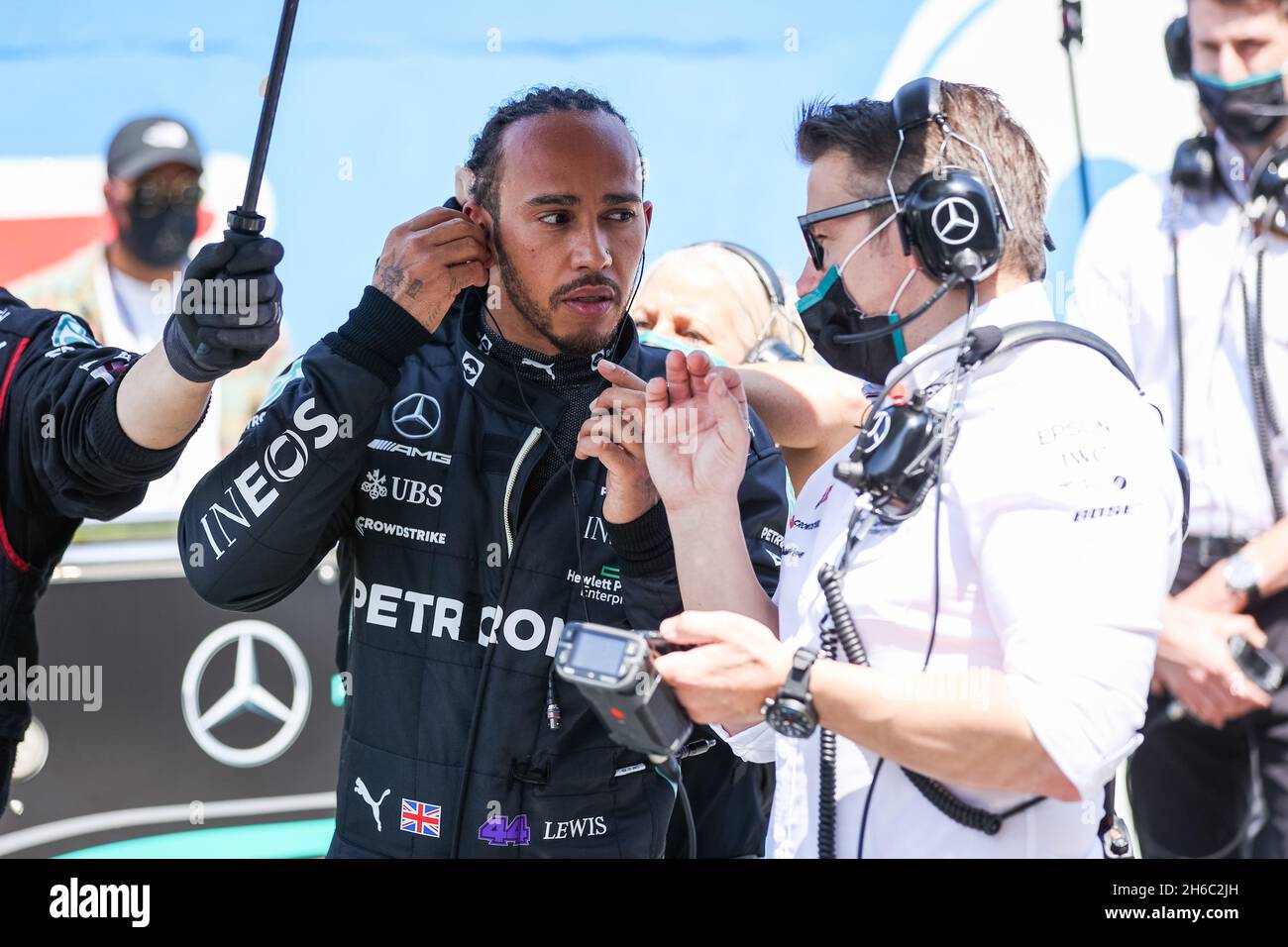 Sao Paulo, Brasilien, 14/11/2021, HAMILTON Lewis (gbr), Mercedes AMG F1 GP W12 E Performance, BONNINGTON Peter, Mercedes AMG F1 GP W12 E Performance Engineer, Portrait während des Formel 1 Heineken Grande Premio De Sao Paulo 2021, Sao Paulo Grand Prix, 19. Lauf der FIA Formel-1-Weltmeisterschaft 2021 vom 12. Bis 14. November 2021 auf dem Interlagos Circuit in Sao Paulo, Brasilien - Foto: Antonin Vincent/DPPI/LiveMedia Stockfoto