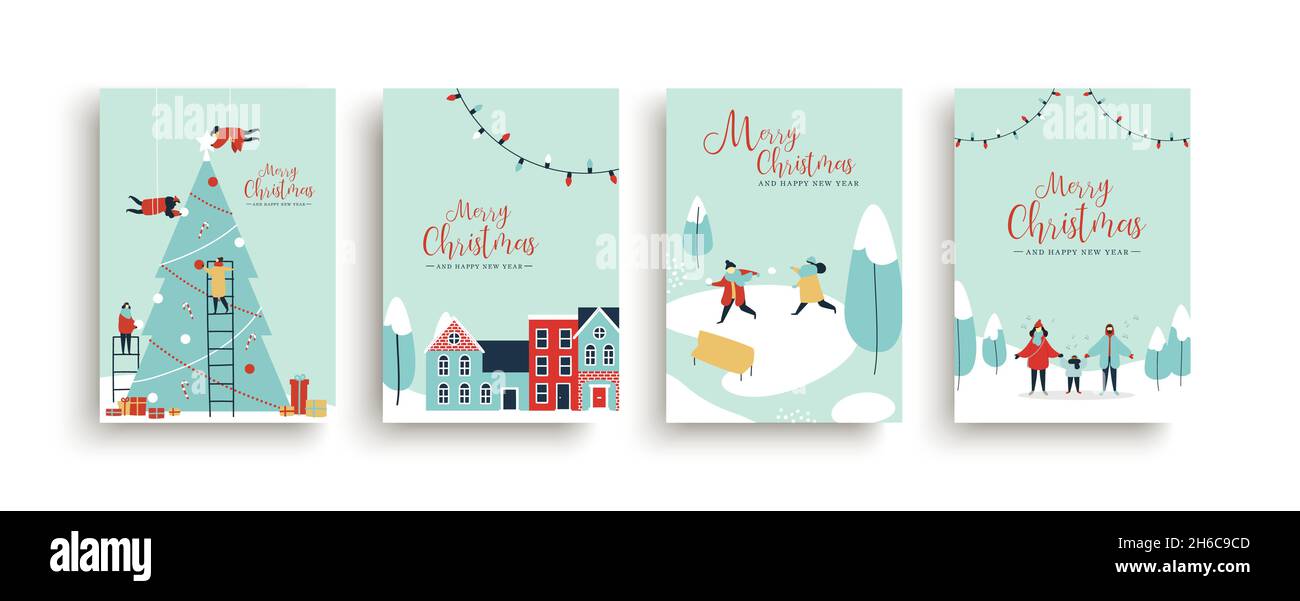 Frohe Weihnachten und ein glückliches neues Jahr Grußkarten-Set. Menschen Gruppe machen große Weihnachtskiefer zusammen für die Weihnachtszeit mit Ornament Dekoration, gif Stock Vektor