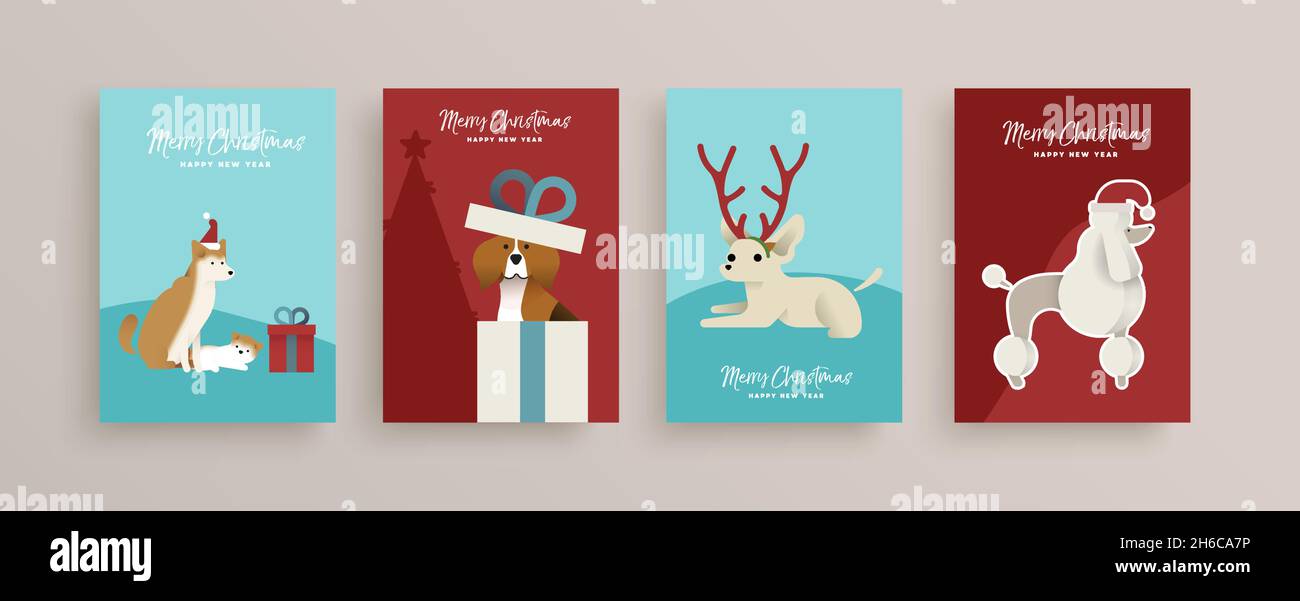 Frohe Weihnachten Glückliches Neues Jahr Grußkarten-Set mit lustigen Hundeillustrationen im flachen Kunststil. Umfasst Beagle, shiba Inu und Pudel Rassen Stock Vektor