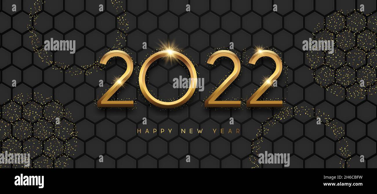 Frohes neues Jahr 2022 Luxus Grußkarte Illustration. Goldener 3d Ring Rahmen mit Party Glitzer und Kalendernummer Datum auf dunkelblauem Hintergrund. Elegant Stock Vektor