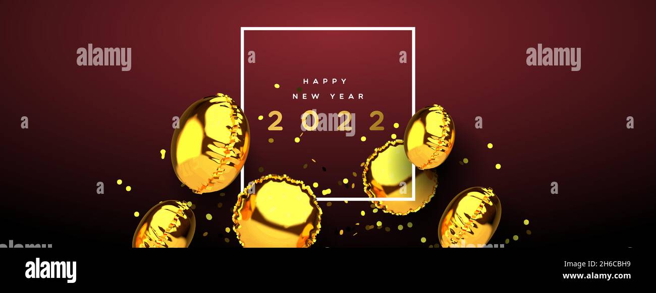 Frohes neues Jahr 2022 Web-Banner von realistischen 3d-Goldfolie Ballon auf elegantem roten Hintergrund mit Party-Konfetti. Dynamische Luftballons Dekoration schwimmende d Stock Vektor