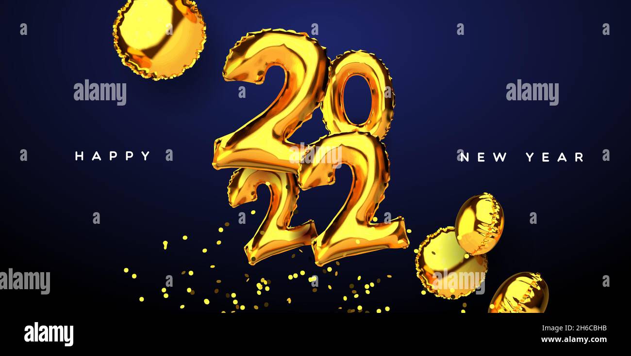 Frohes neues Jahr 2022 Grußkarte, realistische 3d Gold Ballons Kalendernummer Datum mit goldenen Party Konfetti auf blauem Hintergrund. Elegante Vorabend-Veranstaltung Stock Vektor