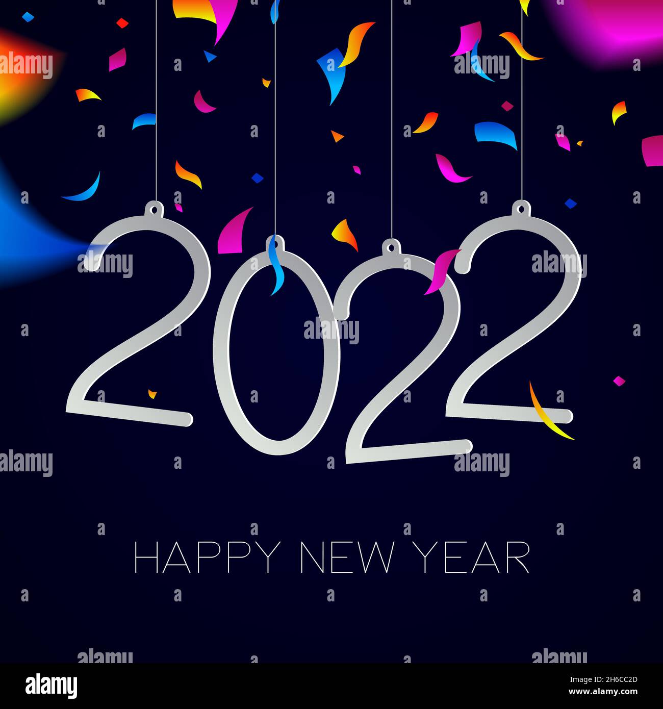Frohes neues Jahr 2022 Grußkarte Illustration mit Feiertag Datum Zitat und Karneval Party Konfetti Explosion. Stock Vektor