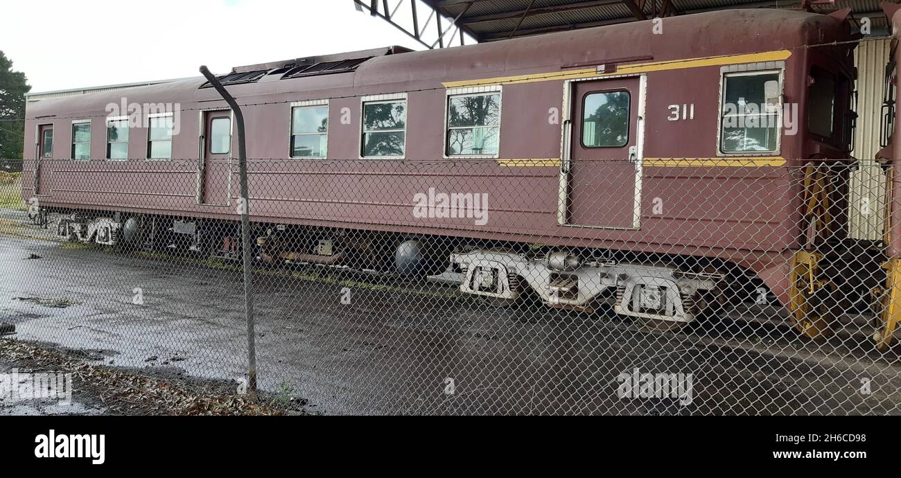 Korumburra Victoria Australia, Red hen Train, selbstfahrender Triebwagen, South Australian Railways, Redhen Railcar, Gippsland Railway Stockfoto