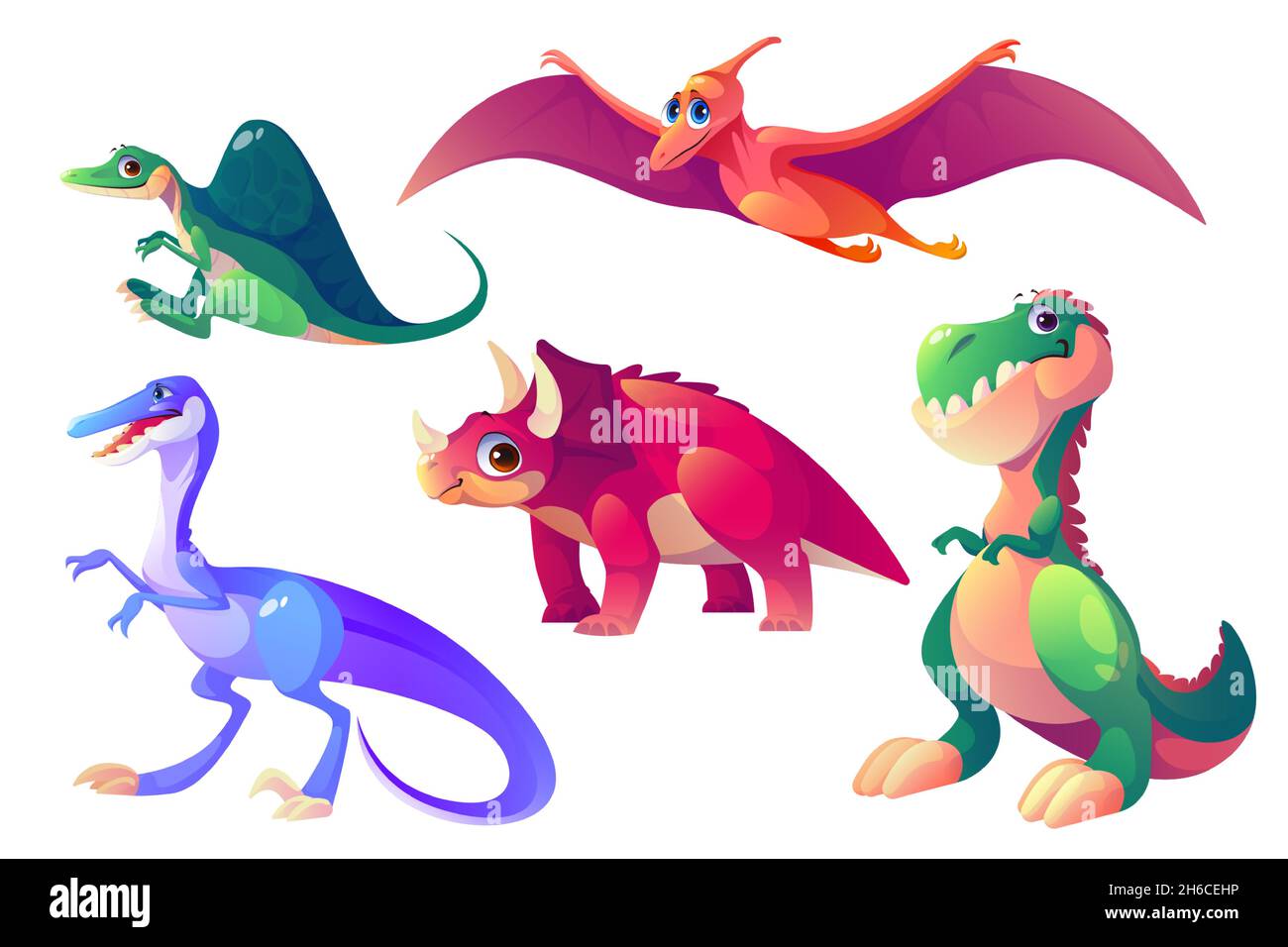 Niedliche Dinosaurier-Charaktere. Triceratops, Spinosaurus, Tyrannosaurus rex, Velociraptor und Pterodactyl isoliert auf weißem Hintergrund. Vektor Cartoon Satz von lustigen Dino, fossile prähistorische Tiere Stock Vektor