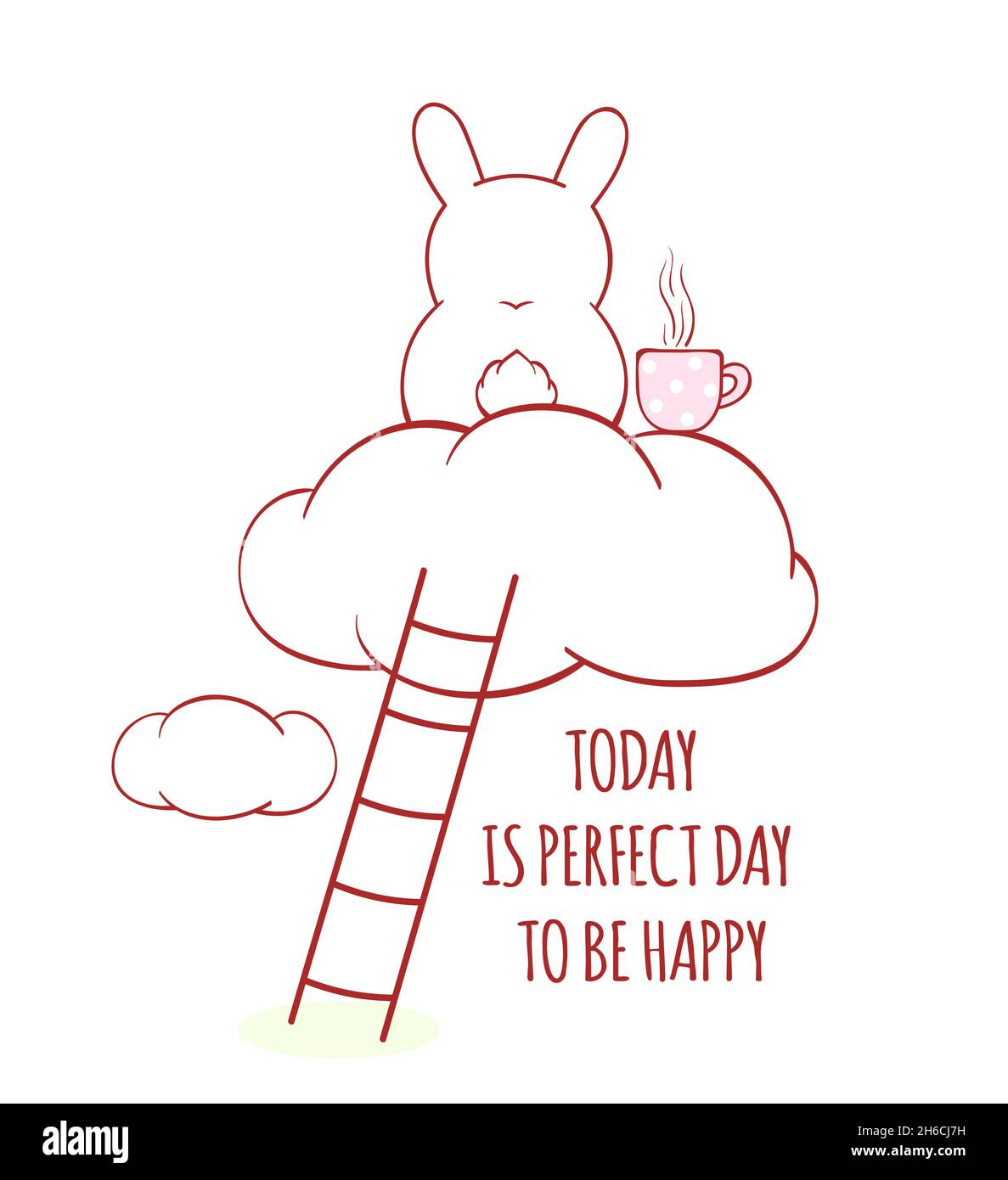 Affirmation für Kinder Spielzimmer, Kindergarten. Inspirierendes positives Zitat heute in perfektem Tag glücklich zu sein. Niedliches Häschen mit Teetasse auf Wolke. Kann sein Stock Vektor