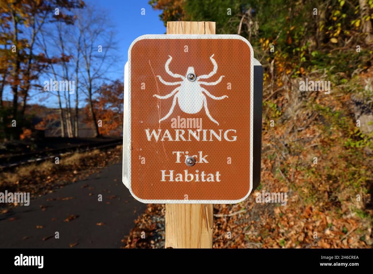 Ein Tick Habitat Warnschild auf einem Pfad. Ein braunes Schild informiert die Nutzer, dass sie ein Gebiet betreten, in dem parastische Arachniden leben Stockfoto
