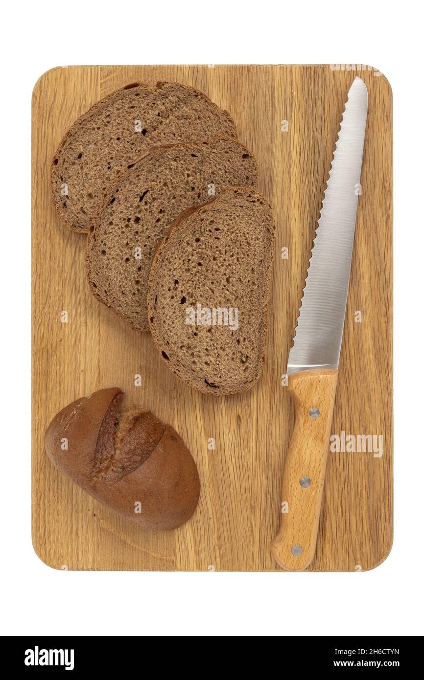 Holzbrett mit schmackhaftem geschnittenem Brot und Messer, Draufsicht, frisch lecker hausgemachtes gesundes Backen Stockfoto