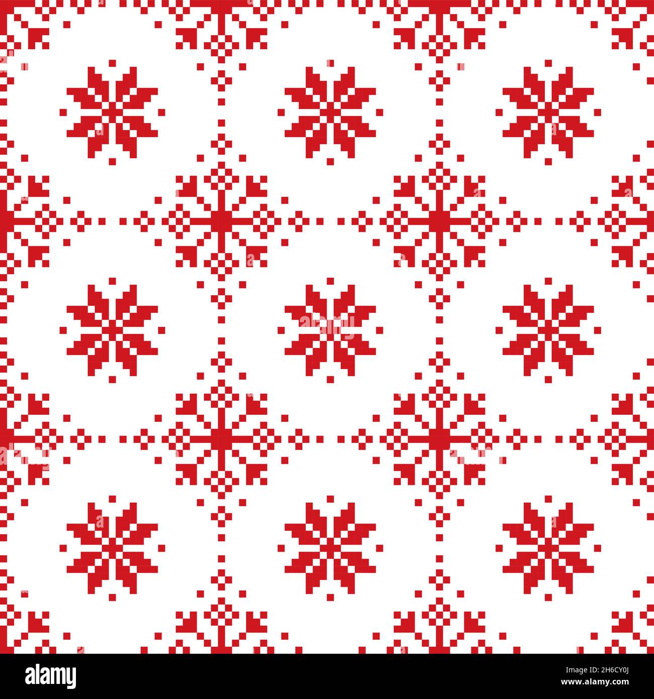 Weihnachten Winter Vektor nahtloses rot-weißes Muster - skandinavisches und nordisches Kreuz-Stich Schneeflocken-Design Stock Vektor