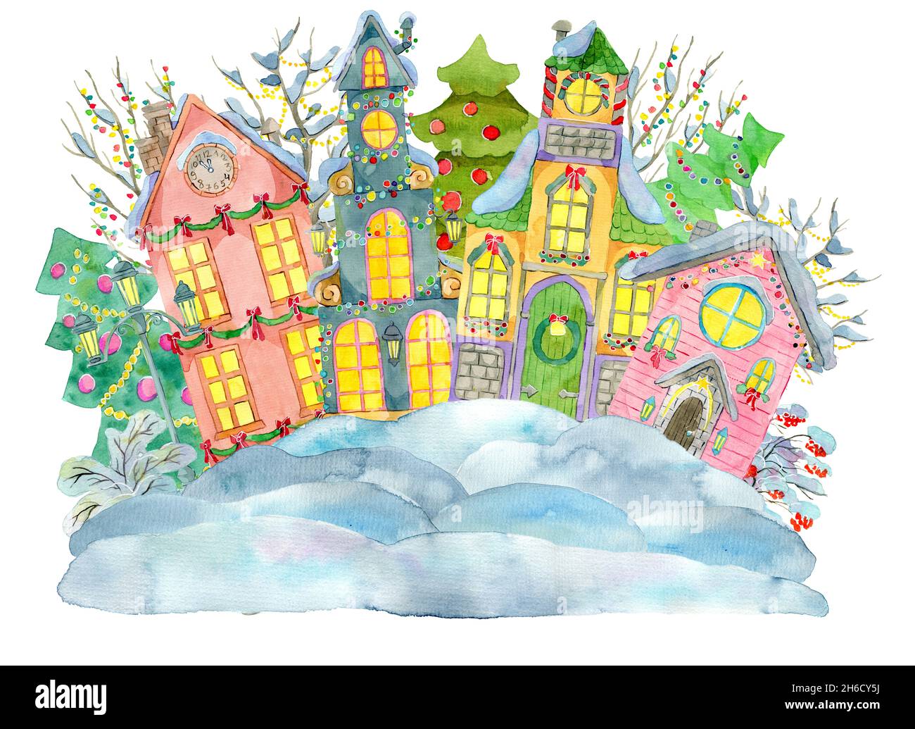 Aquarell-Illustration mit schönen Weihnachten Vintage Häuser in Schnee und Natur isoliert auf weiß. Winter Weihnachten und Neujahr Urlaubskonzept Stockfoto