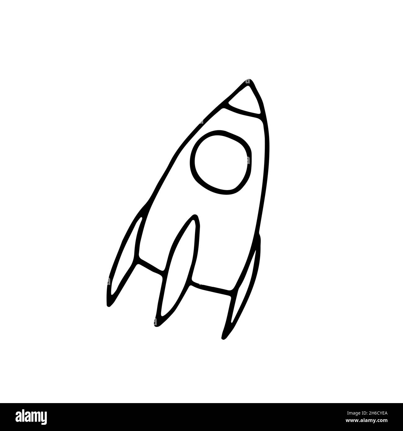 Zeilenraum Doodle Aufkleber. Fliegende Rakete isoliert auf weißem Hintergrund. Umreißen Sie das astronomische Objekt. Raumschiff Symbol für Reisen, Bildung, Wissenschaft Stock Vektor