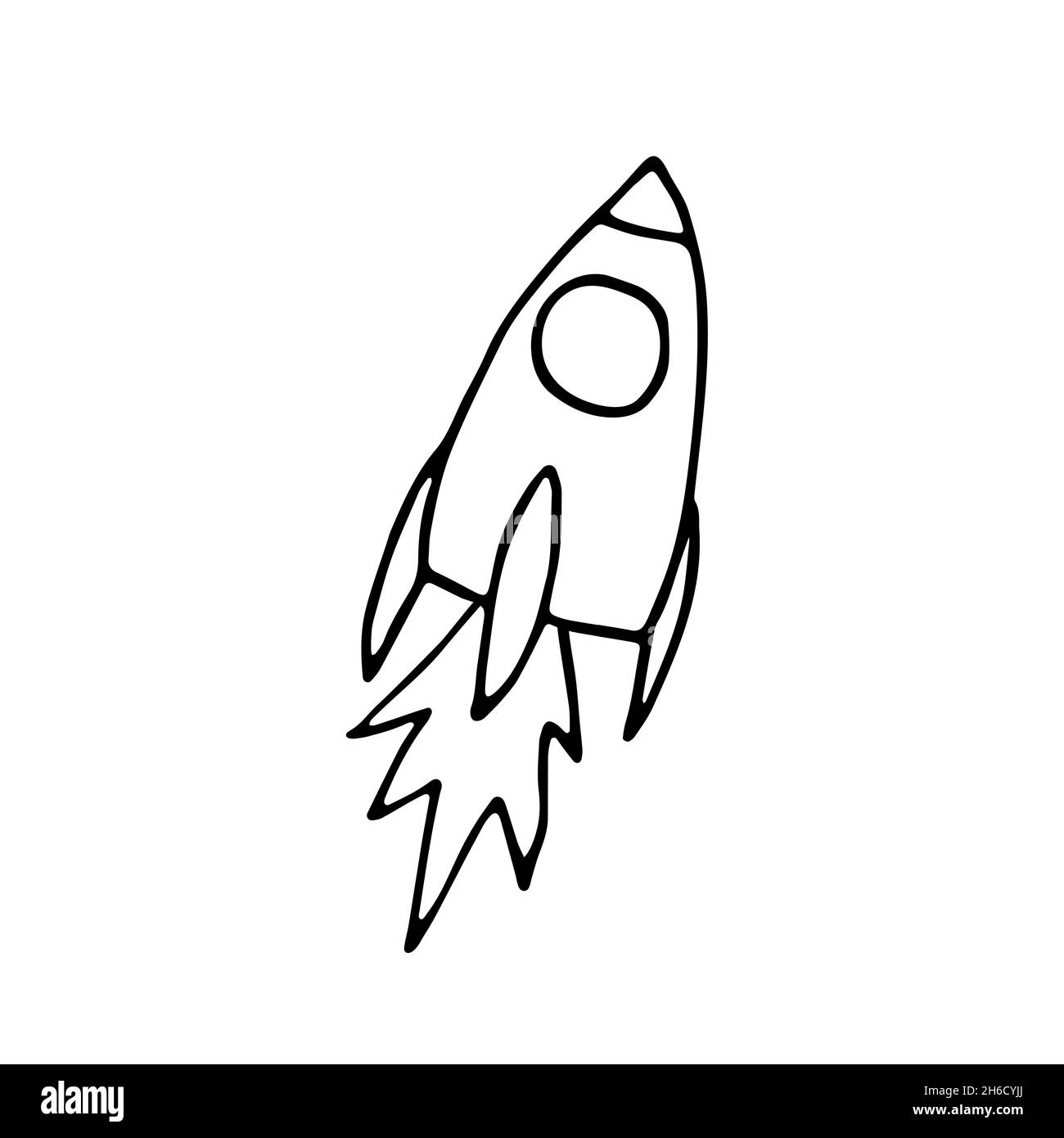 Zeilenraum Doodle Aufkleber. Fliegende Rakete isoliert auf weißem Hintergrund. Umreißen Sie das astronomische Objekt. Raumschiff Symbol für Reisen, Bildung, Wissenschaft Stock Vektor