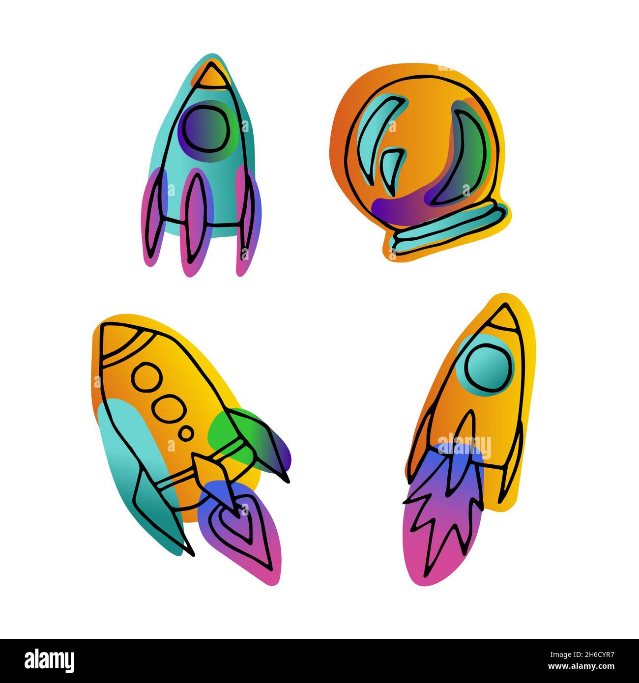 Heller Raum Doodle Aufkleber-Set. Rakete auf weißem Hintergrund isoliert. Gradient violett, orange, blau neonfarben astronomisches Objekt. Raumschiff-Symbol o Stock Vektor