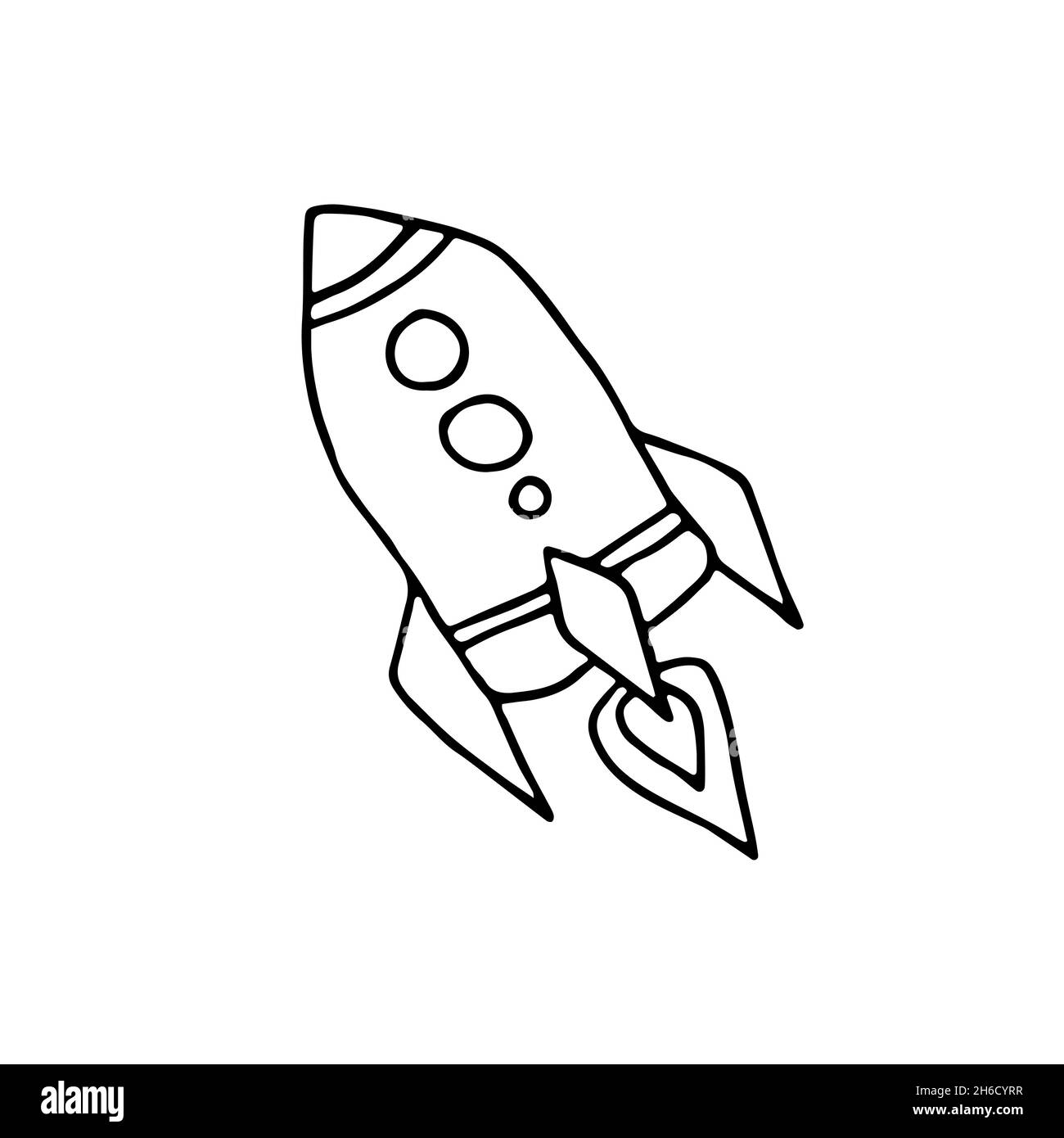 Zeilenraum Doodle Aufkleber. Fliegende Rakete isoliert auf weißem Hintergrund. Umreißen Sie das astronomische Objekt. Raumschiff Symbol für Reisen, Bildung, Wissenschaft Stock Vektor
