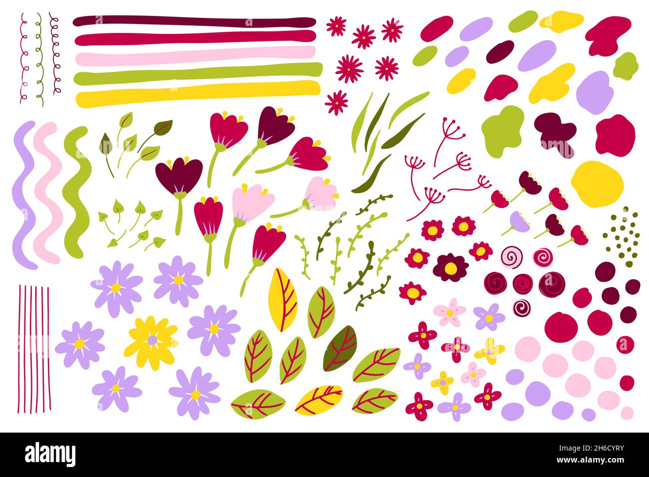 Handgezeichnetes Frühlings-Blumenset. Streifen Blätter, Linien, Zweige Elemente. Bud Dot, Punktsticker. Stilisierte Pfingstrose, Rose, Gänseblümchen, Tulpe. Sommerabstrakt Stock Vektor