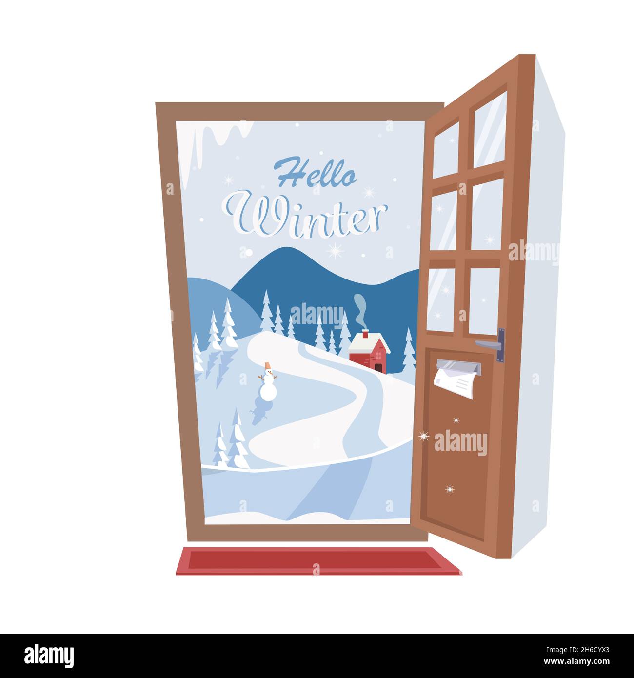 Hallo Winter. Tür zu einer Winterlandschaft. Flache Vektorgrafik im Cartoon-Stil. Stock Vektor
