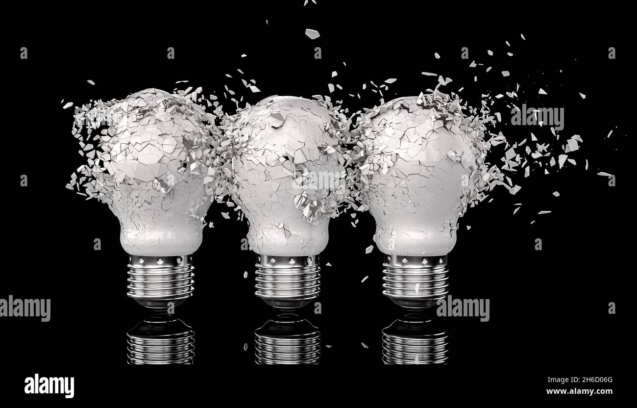 Explosion von 3 weißen Glühbirnen auf Schwarz. 3d-Rendering Stockfoto