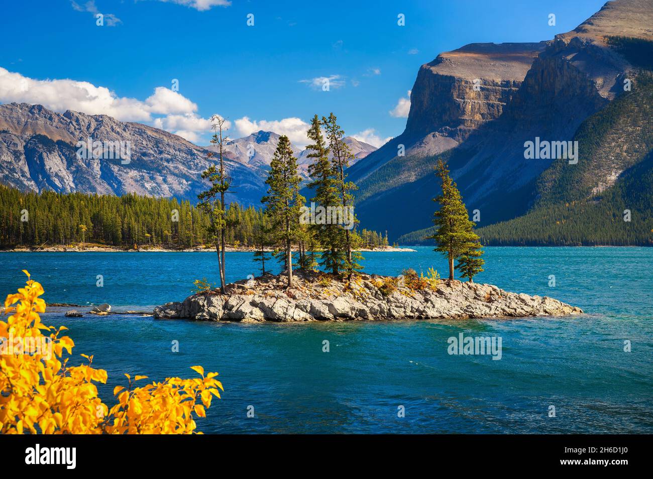 Kleine Insel mit Bäumen am Lake Minnewanka im Banff National Park, Kanada Stockfoto