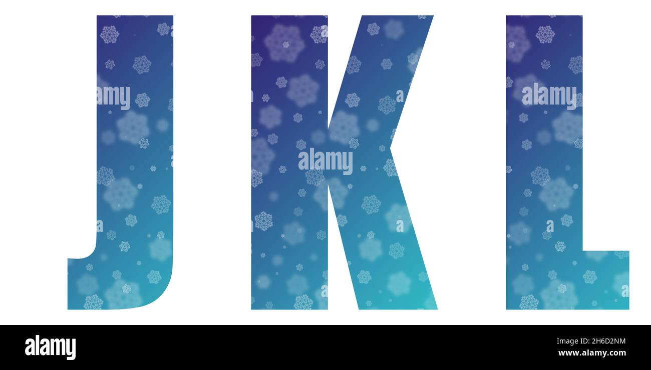 Neujahr und Weihnachten Großbuchstaben - Blaue Buchstaben J K L aus Schneeflocken isoliert auf weißem Hintergrund, Mock up. Alphabet für Text auf Ihrem Foto Stockfoto