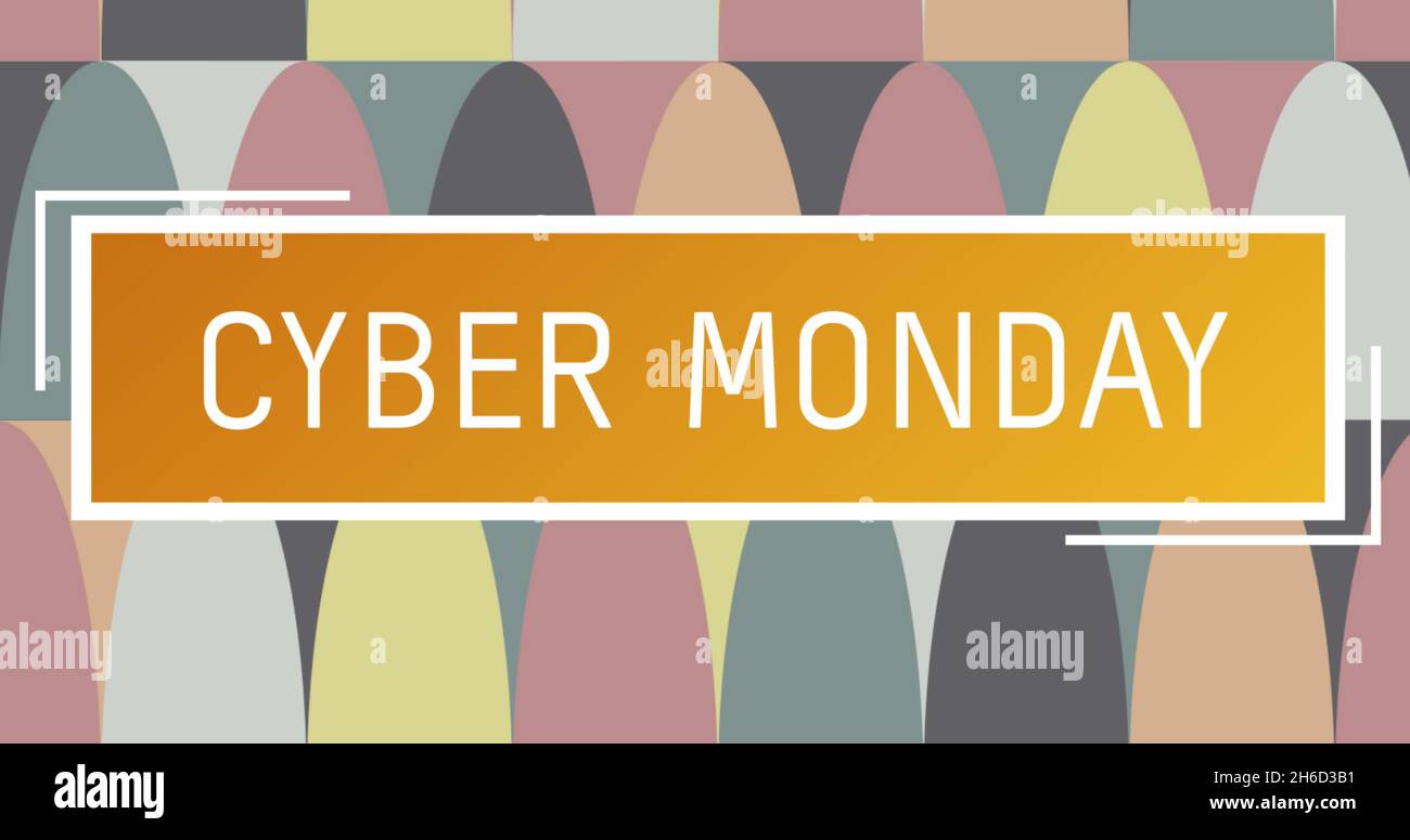 Digitales Bild von Cyber monday Text über orangefarbenem Banner gegen abstrakte bunte Formen Stockfoto