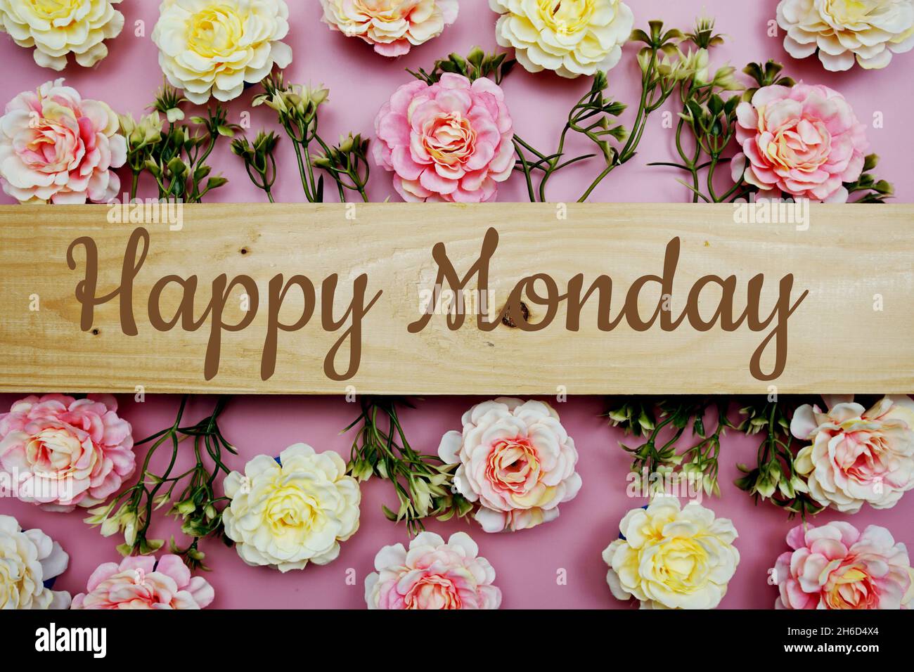 Happy Monday Typografie Text und Blume schmücken auf rosa Hintergrund Stockfoto