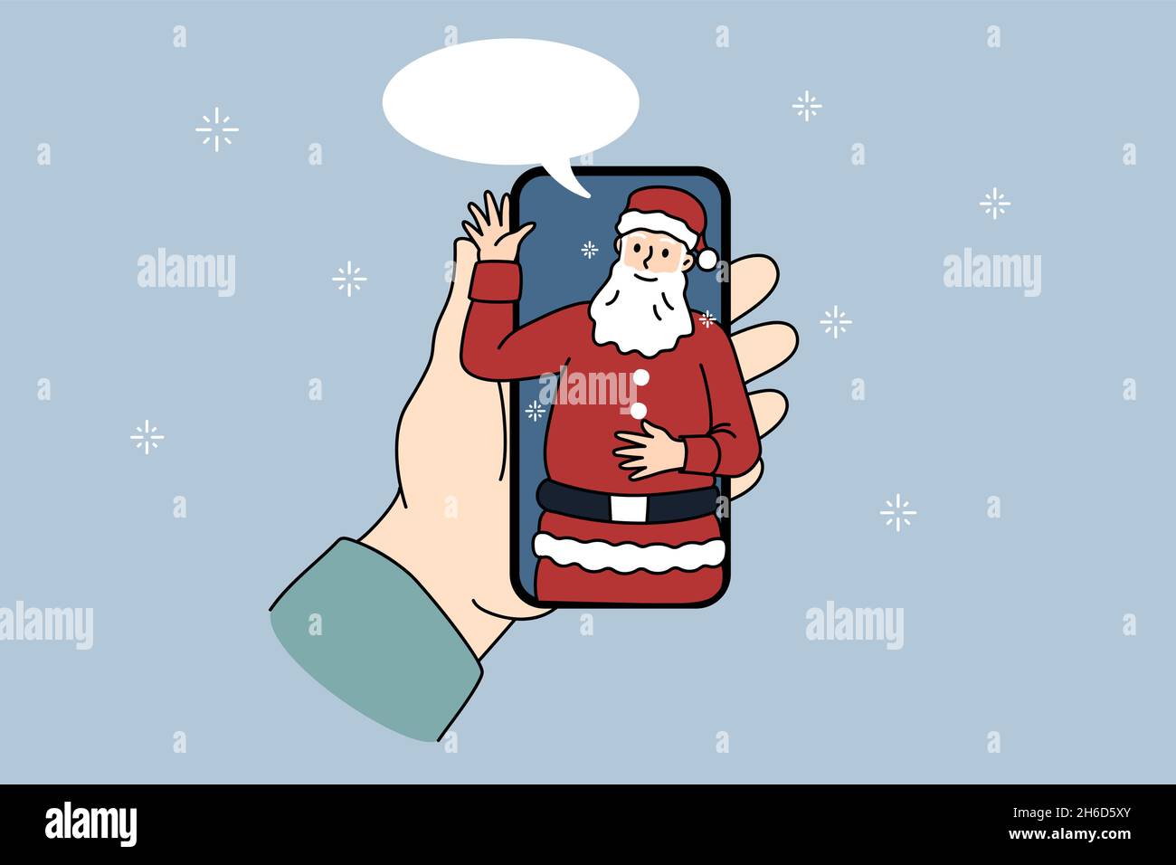 Person hält Mobiltelefon-Gespräch auf Videoanruf mit dem Weihnachtsmann auf zu Hause gesperrt oder Quarantäne. Im Gespräch mit Weihnachtsvater auf virtuelle Webcam-Veranstaltung auf dem Smartphone. Neujahr. Vektorgrafik. Stock Vektor