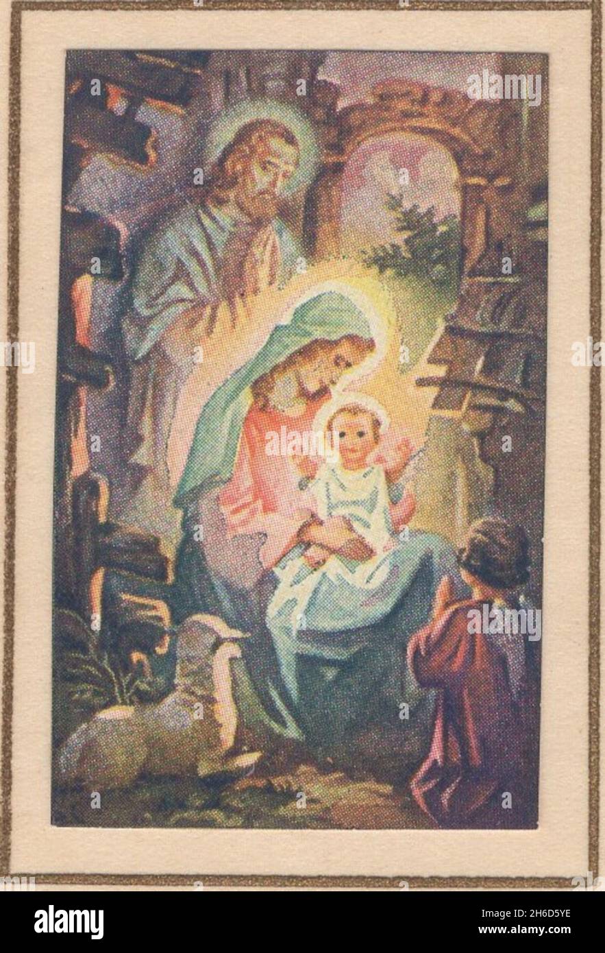 Alte heilige Karte farbige Heilige Familie ( Joseph, Maria Mary Jesus) mit einem Engel und Schaf in Krippe Bethlehem 1900 zusätzliche-Rechte-Clearenzen-nicht verfügbar Stockfoto