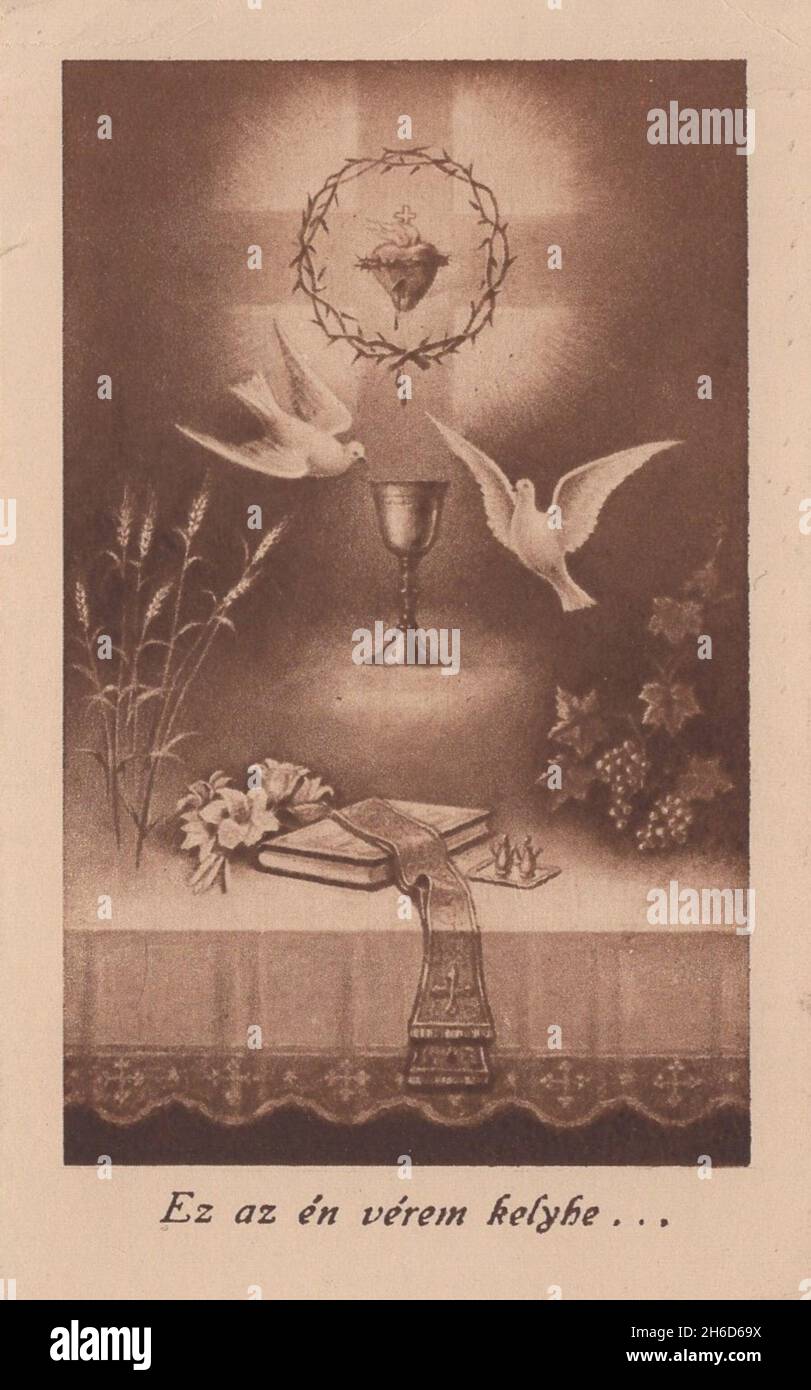 Antike monochrome Lithographie heilige Karte Kreuz, Tauben, Kelch, IHS, heiliges Herz, Blut, Blumen, Dornenkranz. 'EZ az én vérem kelyhe...' Additional-Rights-Clearences-Not Available Stockfoto Antike monochrome Lithographie heilige Karte Kreuz, Tauben, Kelch, IHS, heiliges Herz, Blut, Blumen, Dornenkranz. 'EZ az én vérem kelyhe...' Additional-Rights-Clearences-Not Available Stockfoto