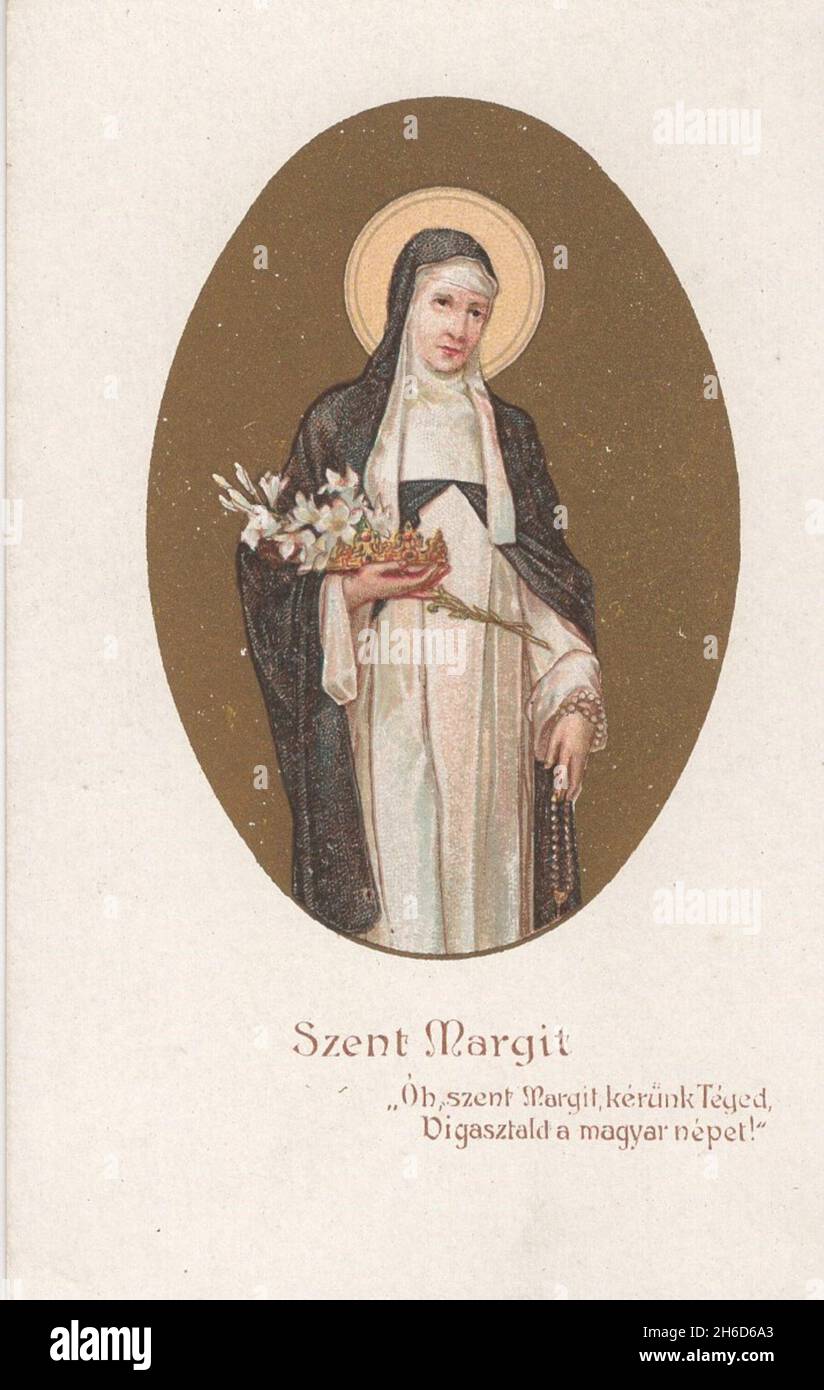 Antike bunte Lithographie Heilige Karte Margarete von Ungarn ( heilige) mit Blumen ' Szent Margit : Óh Szent Margit kérünk Téged, Vigasztald a magyar népet! ' .1900s Additional-Rights-Clearences-not available Stockfoto