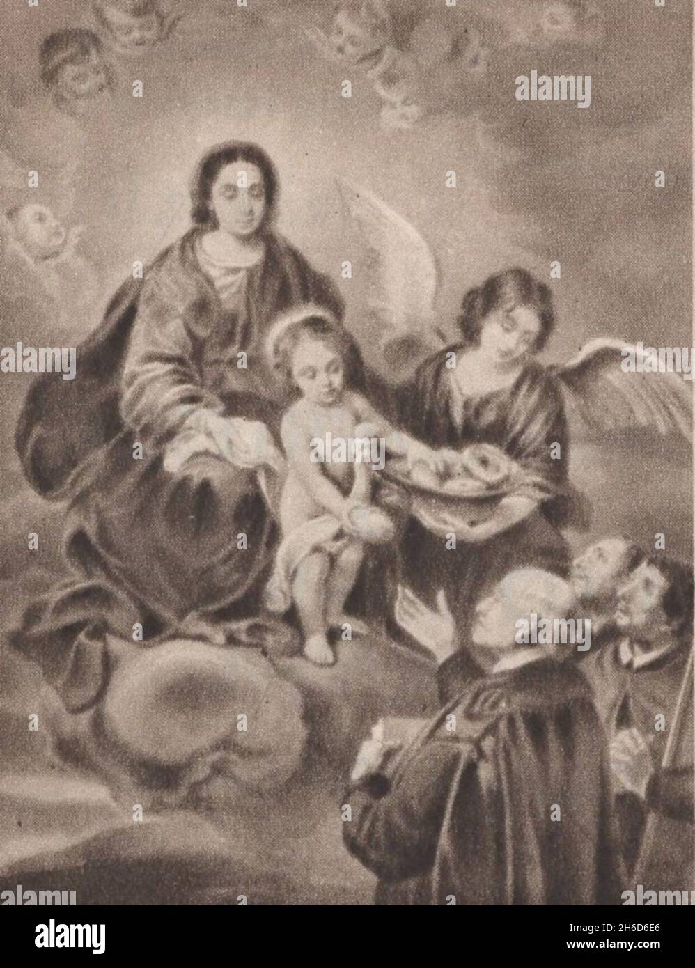 Vintage heilige Karte Madonna St. Maria St. Mary Engel mit dem Baby Jesus füttern die Zauberer . Alter Meister. Meisterwerk . Additional-Rights-Clearences-Not Available Stockfoto