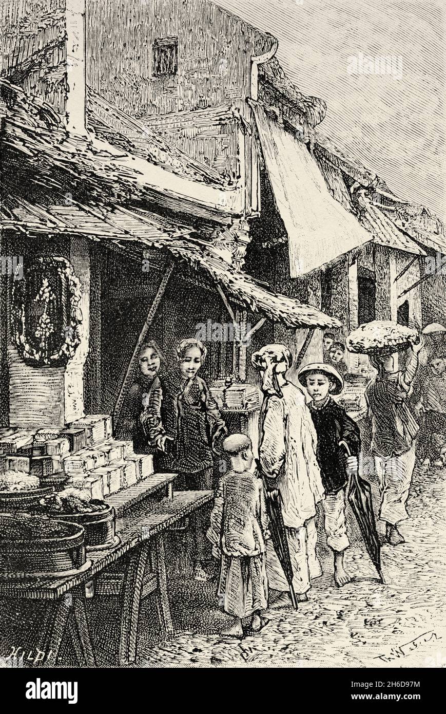 Schaufenster von Konditoren, Hanoi, Vietnam. Asien. Alte Illustration aus dem 19. Jahrhundert Eine Kampagne in Tonkin von Charles Edouard Hocquard aus Le Tour du Monde 1889 Stockfoto