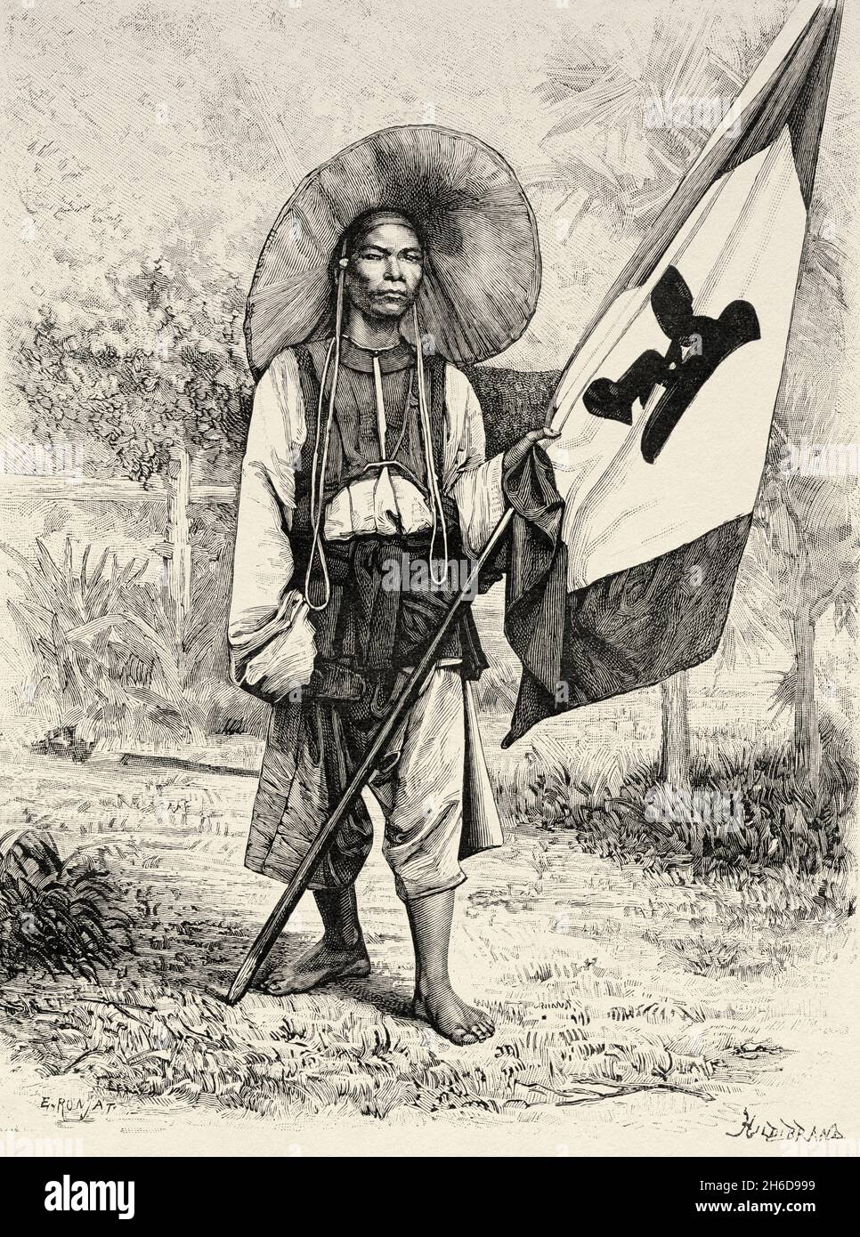 Chinesischer regelmäßiger Soldat, Vietnam. Asien. Alte Illustration aus dem 19. Jahrhundert Eine Kampagne in Tonkin von Charles Edouard Hocquard aus Le Tour du Monde 1889 Stockfoto