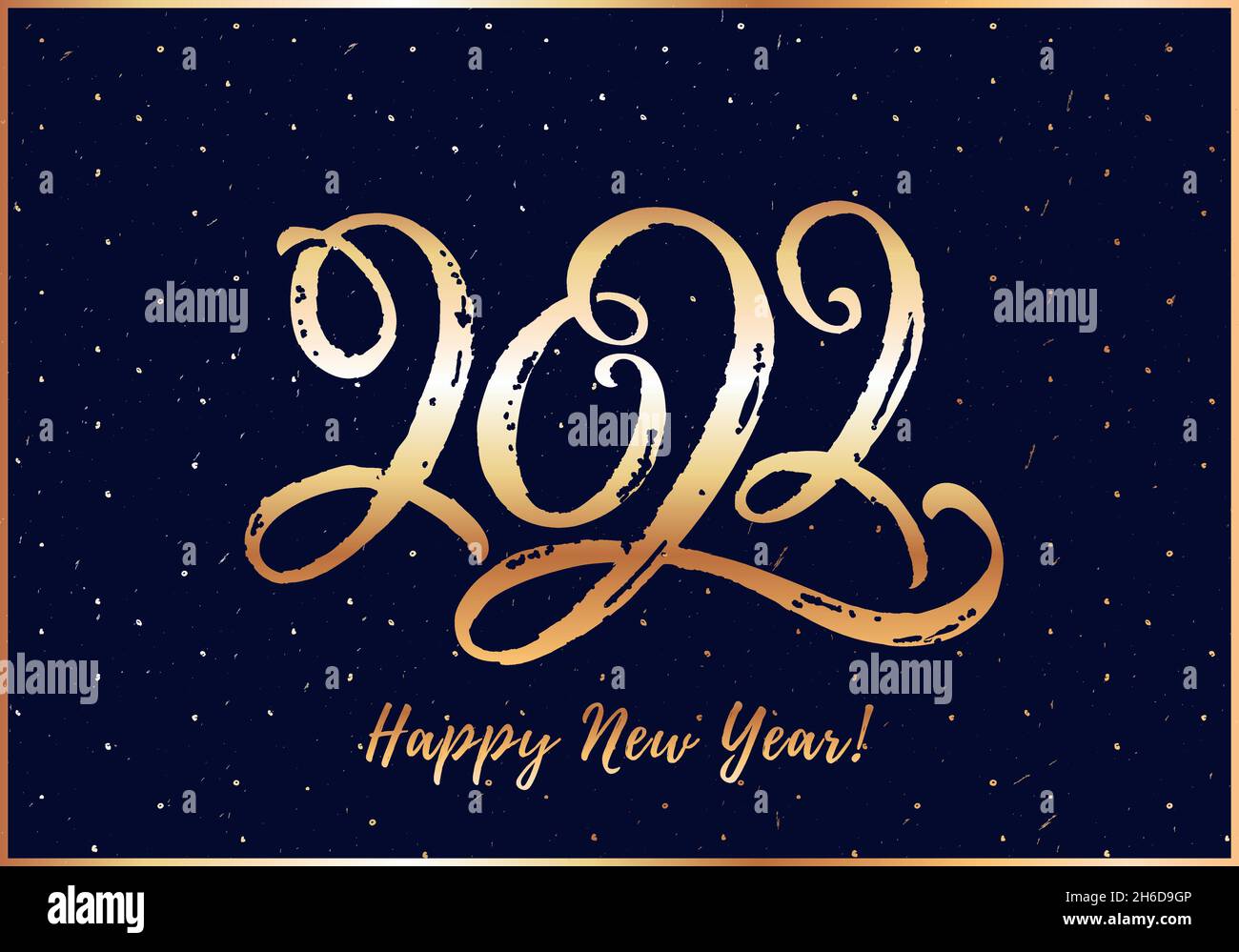 Glückwunschkarte zum neuen Jahr mit Schriftzug 2022. Horizontales Banner mit goldenen, handgezeichneten Figuren. Vektorgrafik. Stock Vektor