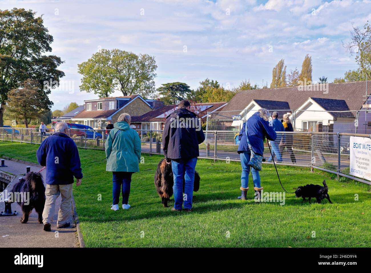 Eine gemischte Gruppe von Menschen, die an einem Herbsttag in Surrey England, England, mit ihren Haustieren an der Themse in Shepperton spazieren Stockfoto