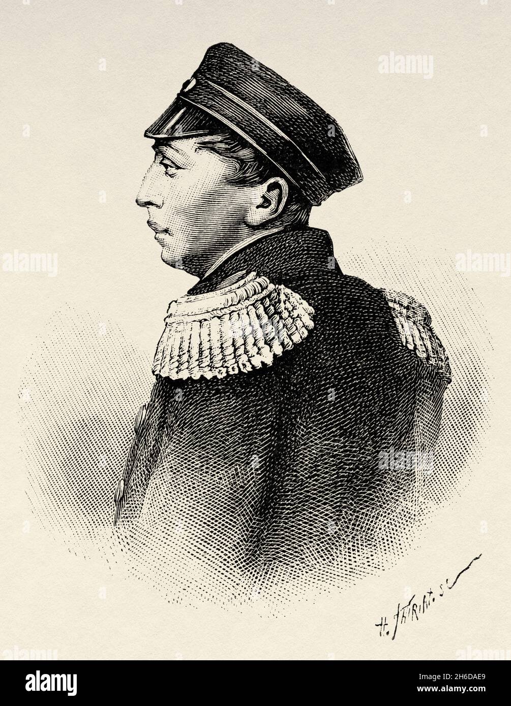 Porträt von Pavel Stepanovich Najimow (1802-1855) war ein russischer Admiral, einer der berühmtesten in der Geschichte der russischen Marine, berühmt dafür, während des Krimkrieges Kommandant der Marine- und Landstreitkräfte bei der Belagerung von Sewastopol gewesen zu sein. Alte eingravierte Illustration aus dem 19. Jahrhundert, sechs Monate Aufenthalt in der antiken Hauptstadt Mithridates und der Heimat Diogene von Madame Lydie Paschkoff 1888 aus Le Tour du Monde 1889 Stockfoto