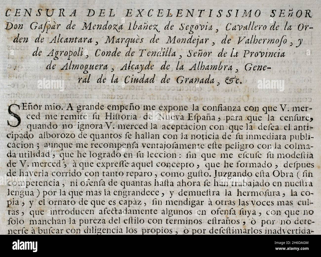 Mißtrauensanfalle des Historikers und Bibliophilen Gaspar Ibáñez de Segovia (1628-1708), Marquis von Mondéjar. 'Historia de la Conquista de México, población, y progressos de la América septentrional, conocida por el nombre de Nueva España' (Geschichte der Eroberung Mexikos, der Bevölkerung und des Fortschritts Nordamerikas, bekannt unter dem Namen Neuspanien). Ausgabe erschienen in Barcelona, 1756. Druckerei von Lucas de Bezares y Urrutia. Historische Militärbibliothek von Barcelona. Katalonien, Spanien. Stockfoto