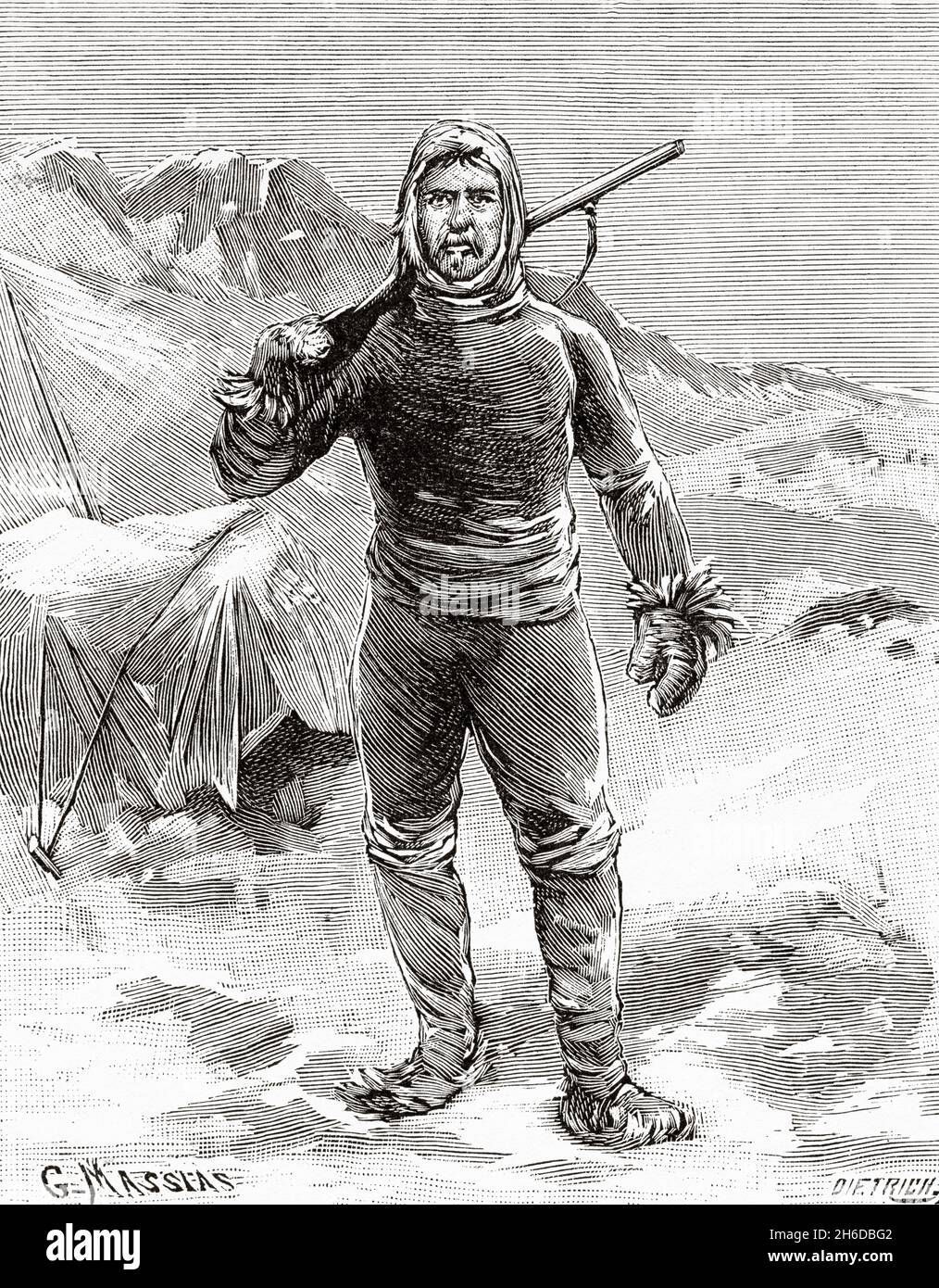 Die Überwinterung von Nansen und Johansen im Land von Franz Joseph I. Nansen, der zur Winterhütte aufsteigt. Alte, gravierte Illustration aus dem 19. Jahrhundert von La Nature 1897 Stockfoto