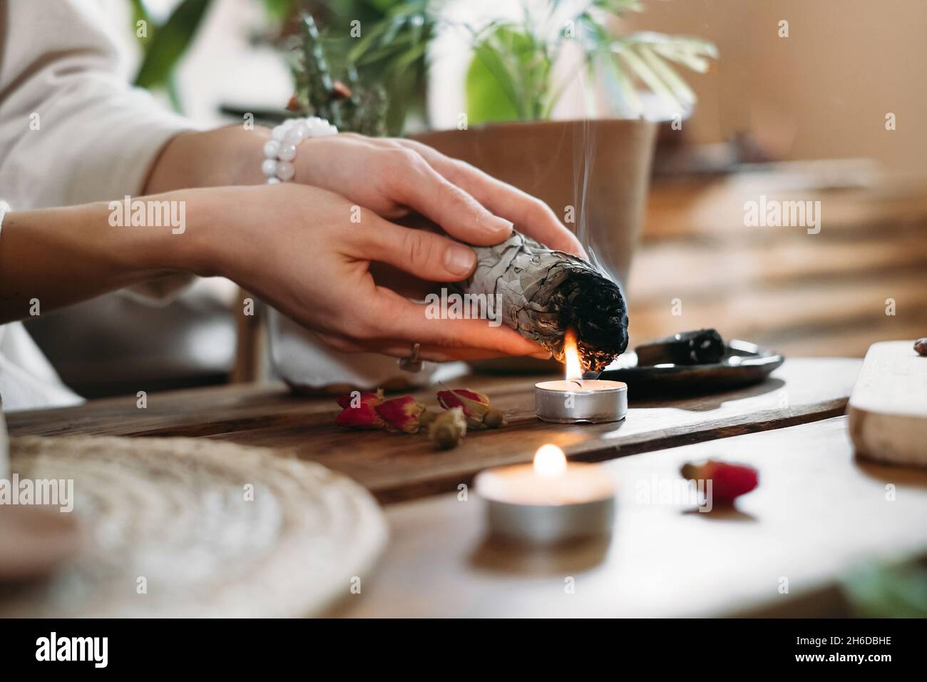 Frau Hände brennenden weißen Salbei, palo santo vor Ritual auf dem Tisch mit Kerzen und grünen Pflanzen. Rauch von Verschmierungen behandelt Schmerzen und Stress, klar Stockfoto