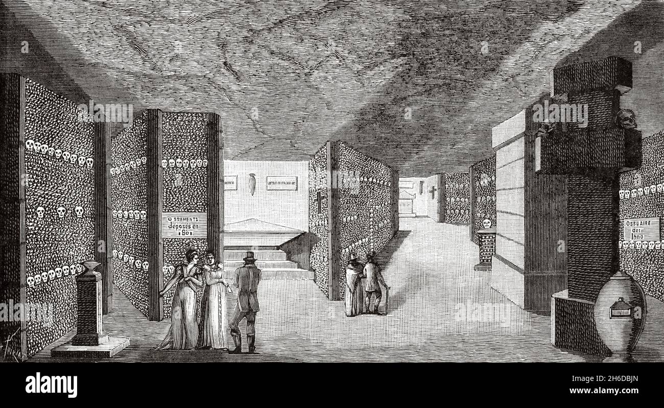 Die Pariser Katakomben, ein Beinhaus, das um 1810 von Hericart de Thury geschaffen wurde. Frankreich. Europa. Alte, gravierte Illustration aus dem 19. Jahrhundert von La Nature 1897 Stockfoto