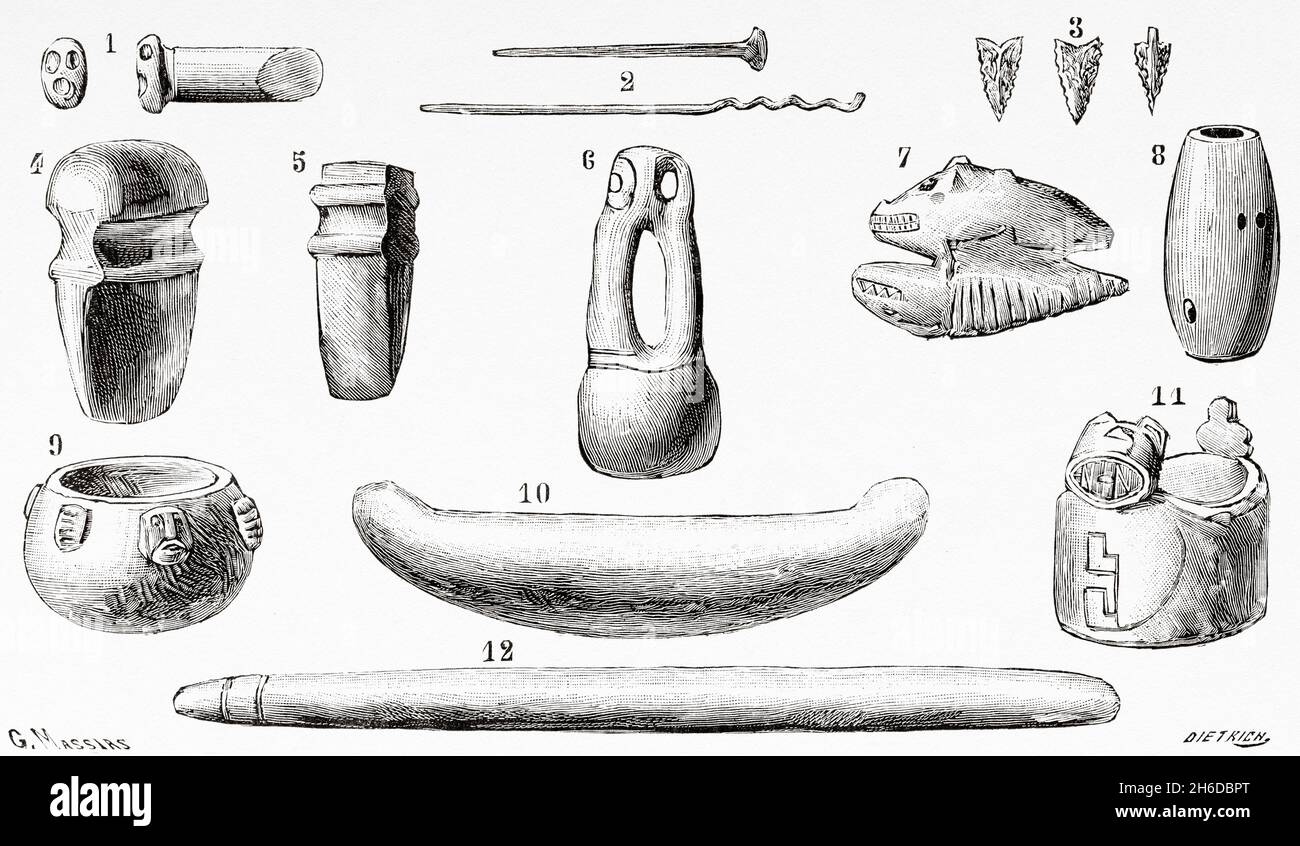 Die primitiven Völker, prähistorische Friedhofs von Argentinien. 1,4,5 Steinachsen. 3 Pfeilspitzen. 2 kleine Werkzeuge. 7.8 Musikinstrumente. 6,10,12 Drumsticks. 9.10 Mörtel. Alte, gravierte Illustration aus dem 19. Jahrhundert von La Nature 1897 Stockfoto