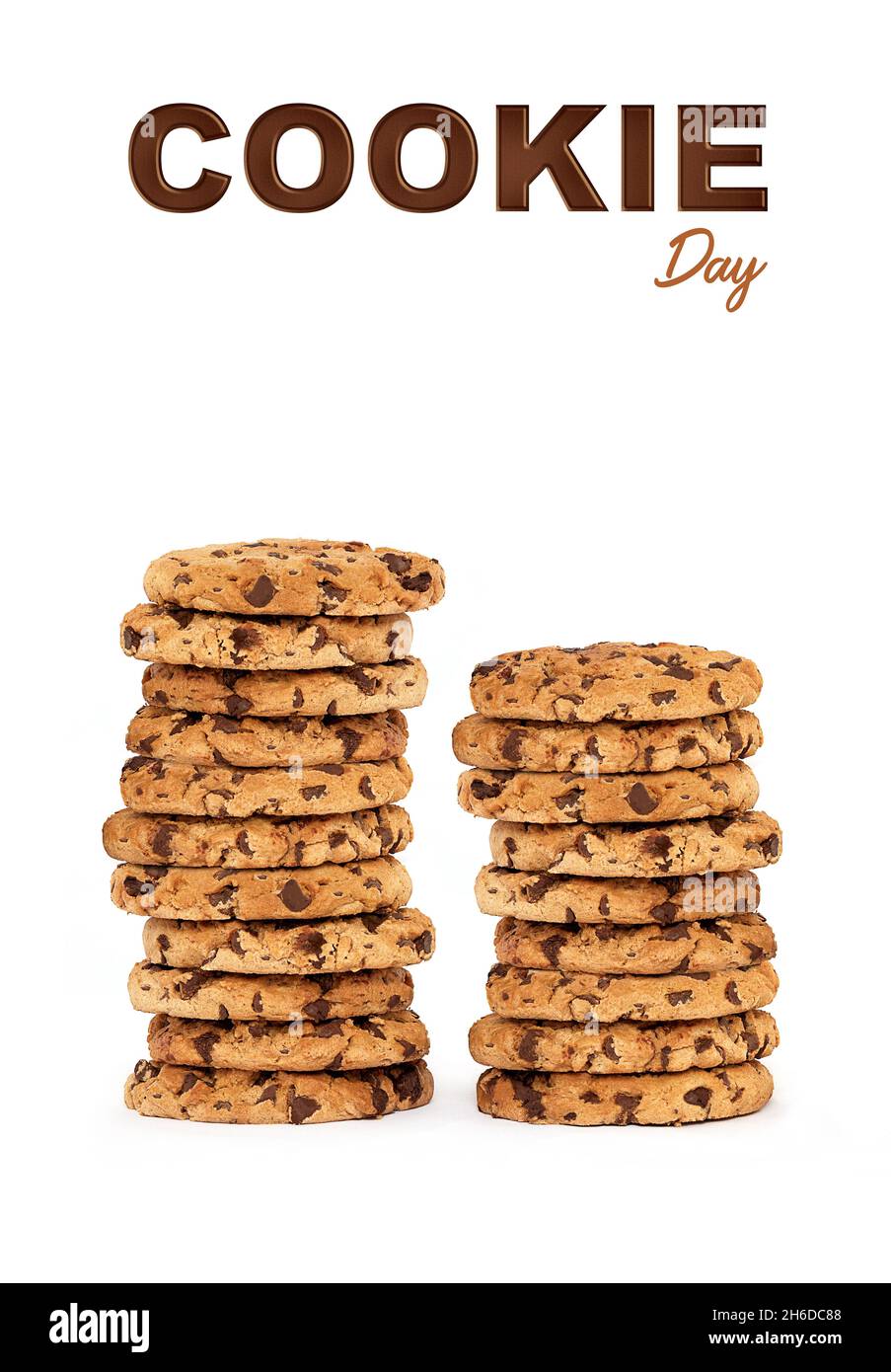 Vorlagendesign mit mehreren Stapeln von Schokoladenchips unter dem Quadrat des Beispieltextes Stockfoto