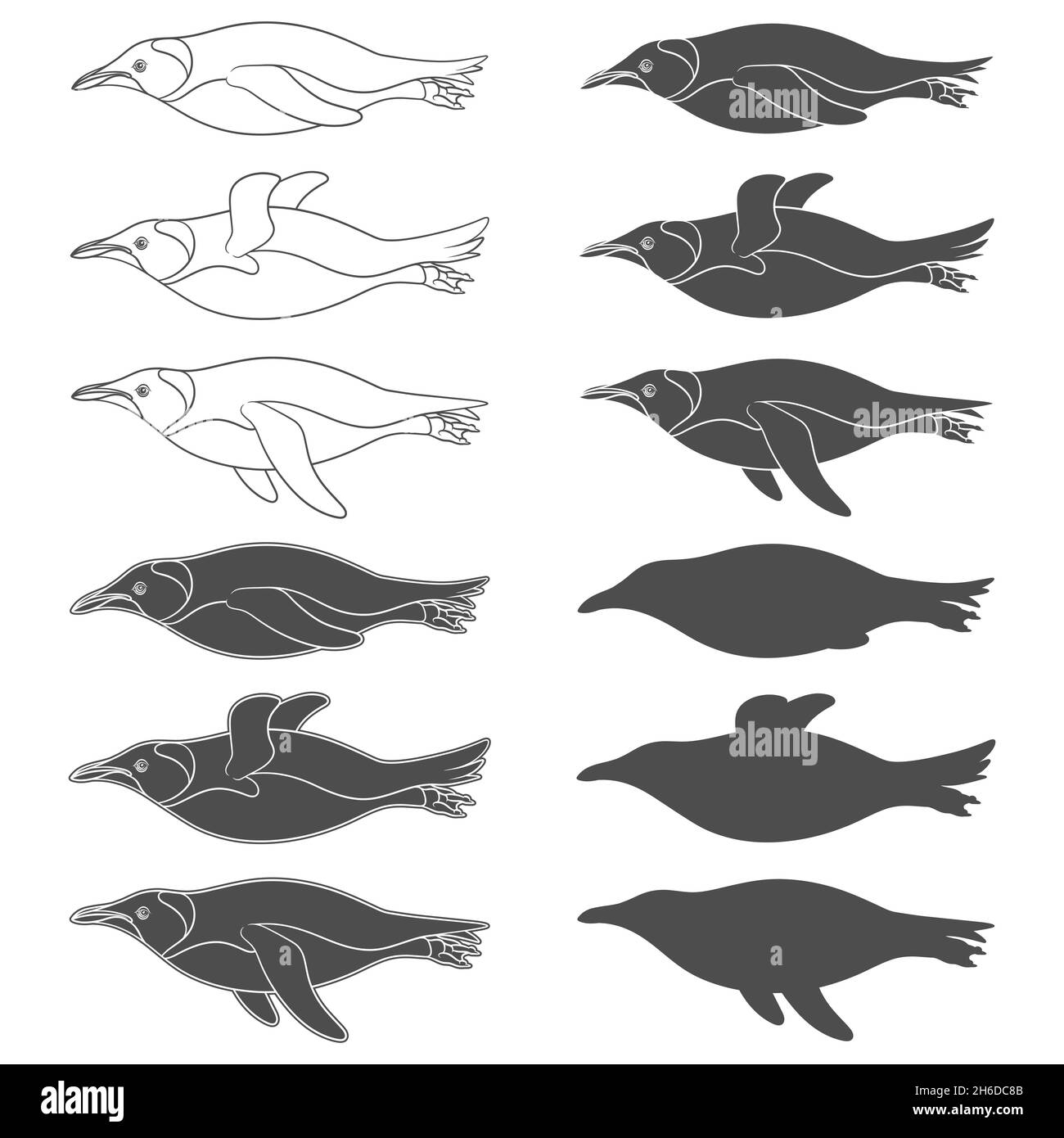 Set mit Schwarz-Weiß-Illustrationen mit schwimmenden Pinguinen. Isolierte Vektorobjekte auf weißem Hintergrund. Stock Vektor