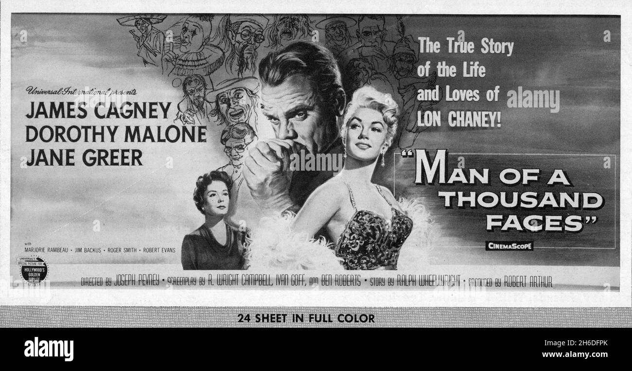 JAMES CAGNEY als Lon Chaney DOROTHY MALONE und JANE GREER in MAN OF A THOUSAND FACES 1957 Regisseur JOSEPH PEVNEY Story Ralph Wheelwright Musik Frank Skinner bilden die Künstler Jack Kevan und Bud Westmore Universal International Pictures (UI) Stockfoto