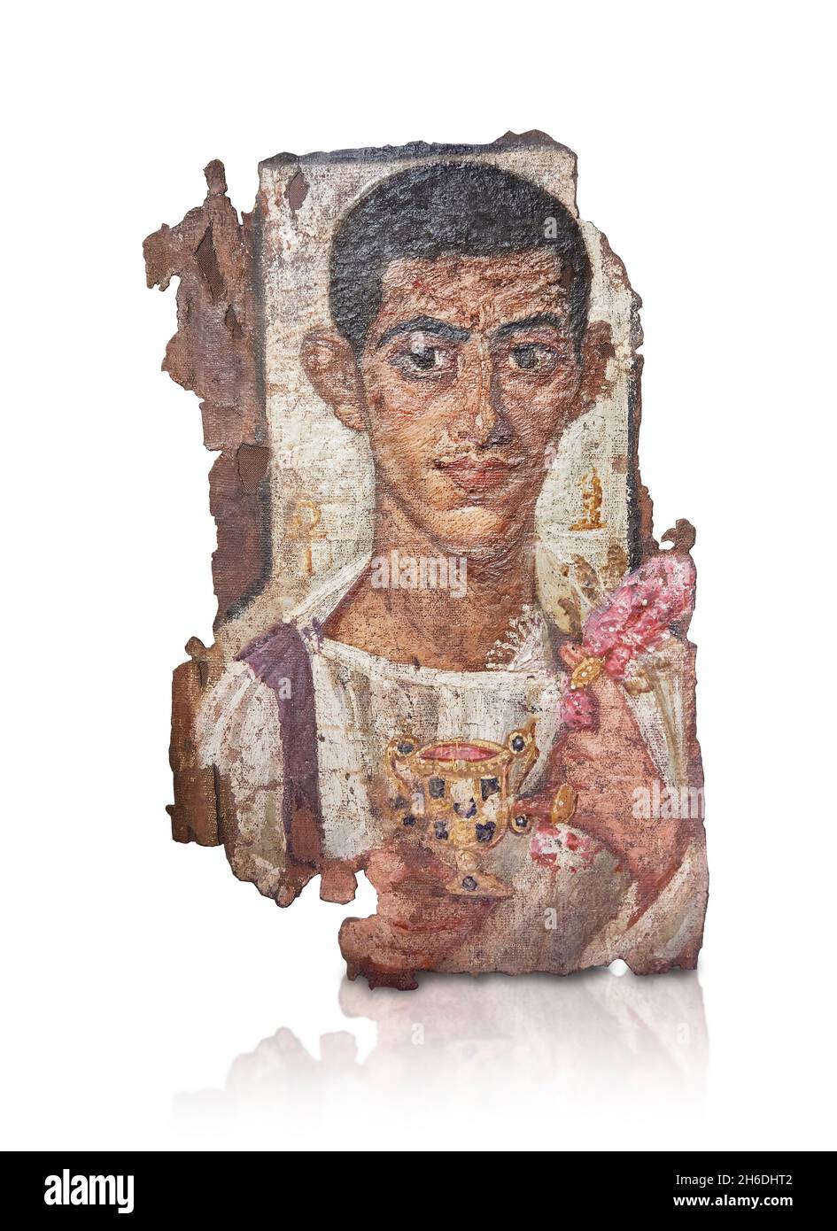 Römisch-ägyptisches Grabtuch Mumienportrait Fragment, 200 - 299 n. Chr., Antinopolis. Louvre Museum E 12581. Mama Porträt eines Mannes (Tunika, rasierte Haare, Pierce Stockfoto