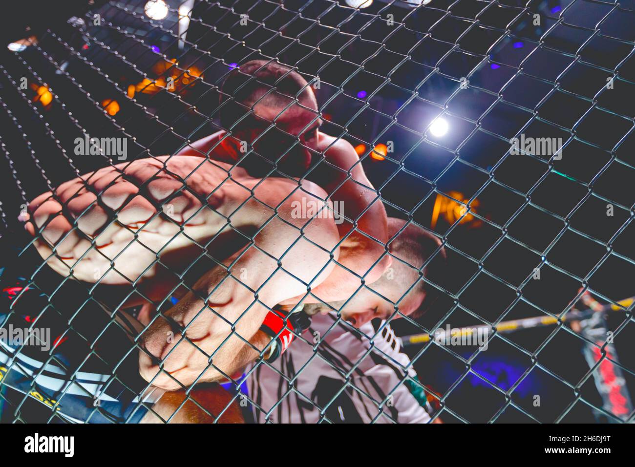 Zwei starke muskulöse professionelle MMA-Kämpfer kämpfen, sie sind im Clinch, ringen im Parterre auf dem Achteck-Boden. Stockfoto