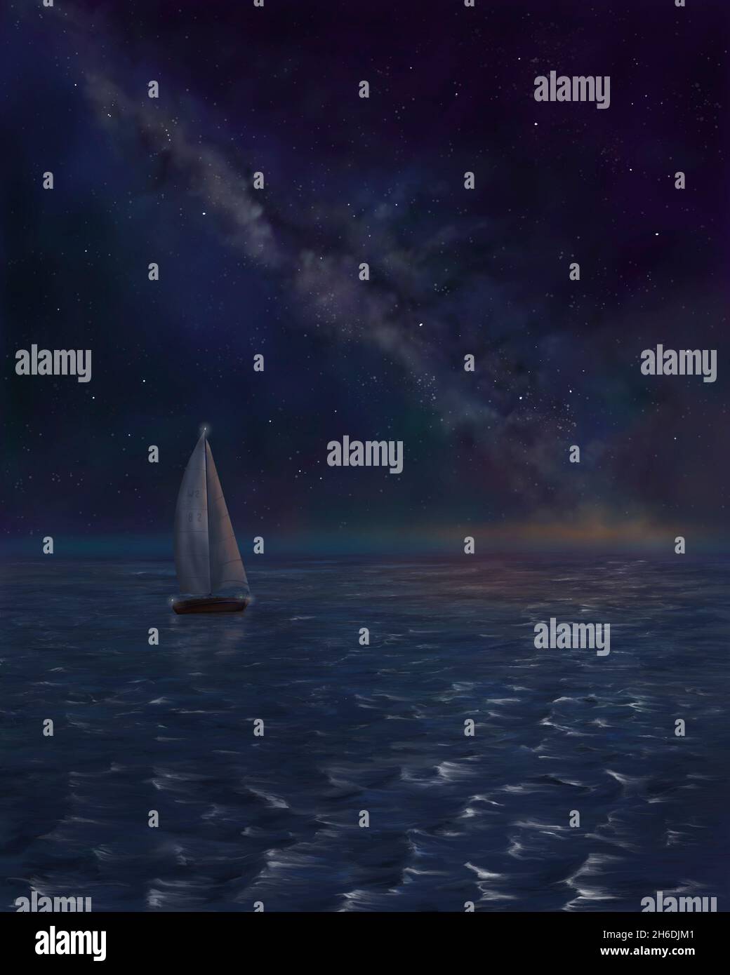 Kleine Yacht, die über den Ozean unter der Milchstraße segelt Stockfoto