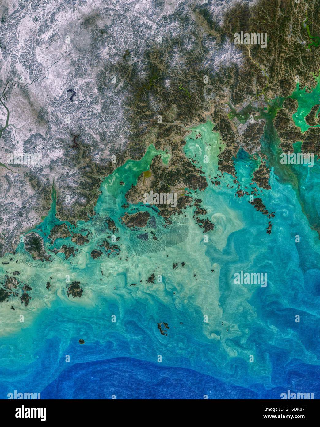 Südkoreas Wando County und seine vielen kleinen Inseln. Stockfoto